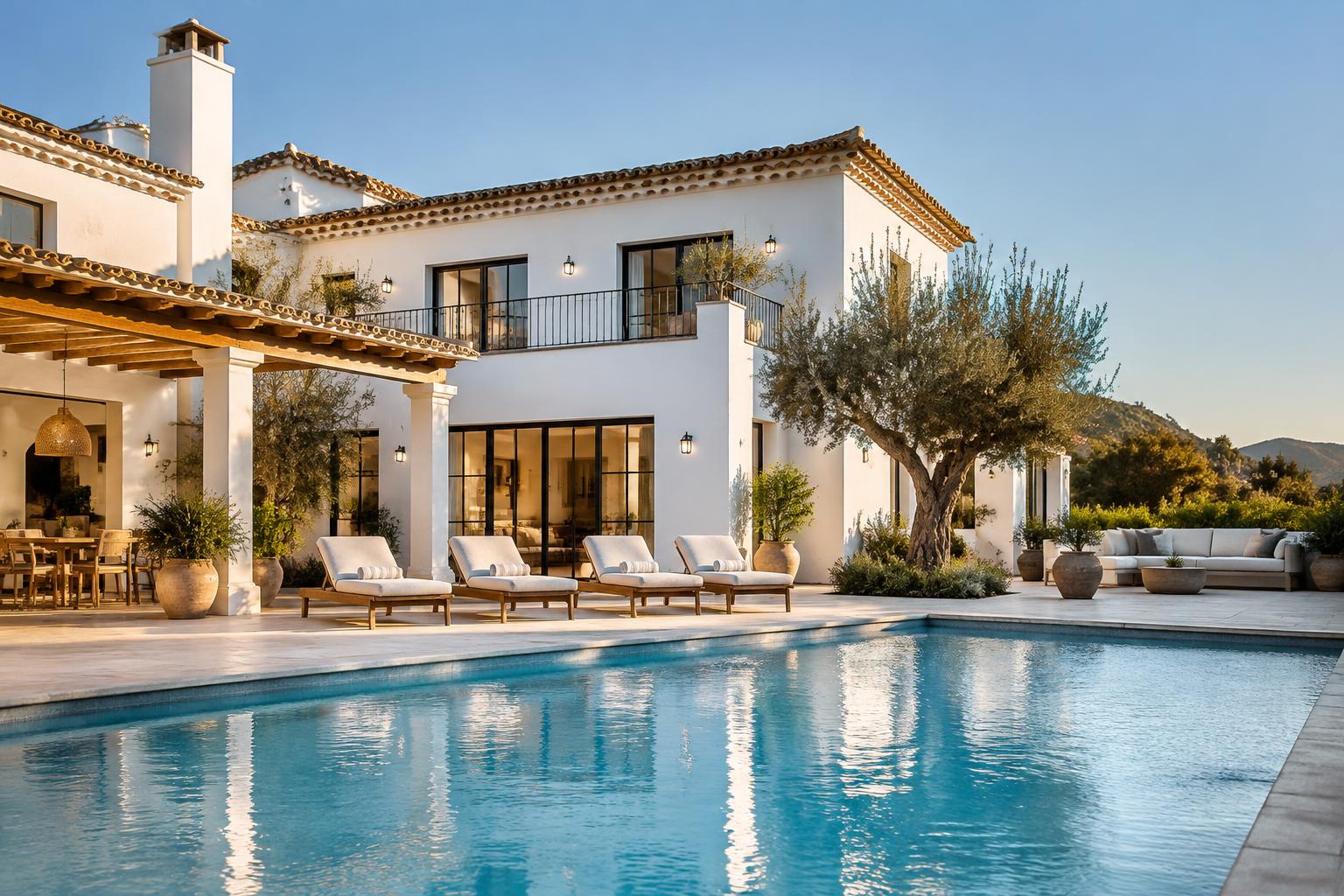 Edited photo of a white villa with a pool